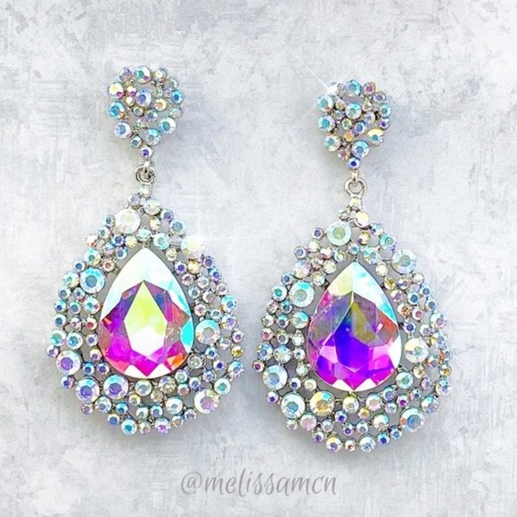 AB Crystal Sparkly Drop Chandelier Formal Earrings Pageant Bridal Occasi… - Picture 6 of 7